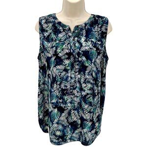NYDJ Womens Blue Multi Tropical Leaf Print Sleeveless Blouse Pintuck Size M